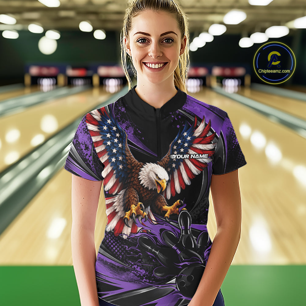 Custom Purple Flame American Flag Eagle Patriotic Bowling Women Quarter-Zip Shirt IPHW12350
