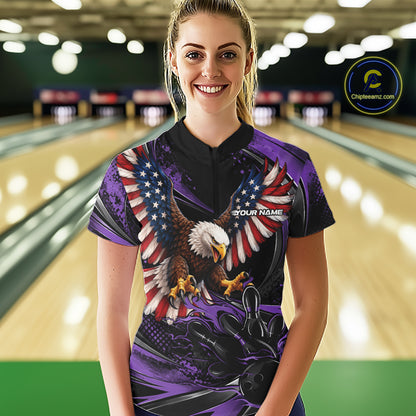 Custom Purple Flame American Flag Eagle Patriotic Bowling Women Quarter-Zip Shirt IPHW12350
