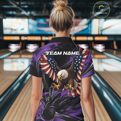Custom Purple Flame American Flag Eagle Patriotic Bowling Women Quarter-Zip Shirt IPHW12350