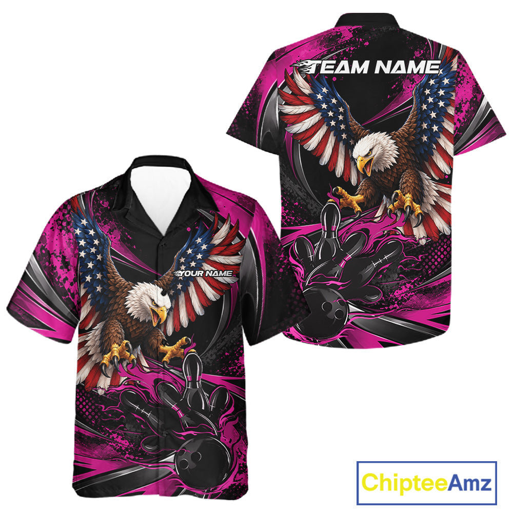 Custom Pink Flame American Flag Eagle Patriotic Bowling Men And Women Button Up Shirt, Team Uniform IPHW12351