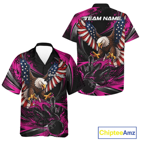 Custom Pink Flame American Flag Eagle Patriotic Bowling Men And Women Button Up Shirt, Team Uniform IPHW12351