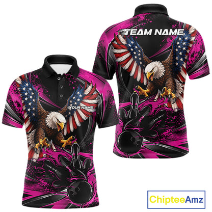 Custom Pink Flame American Flag Eagle Patriotic Bowling Men Polo Shirt, Team Uniform IPHW12351