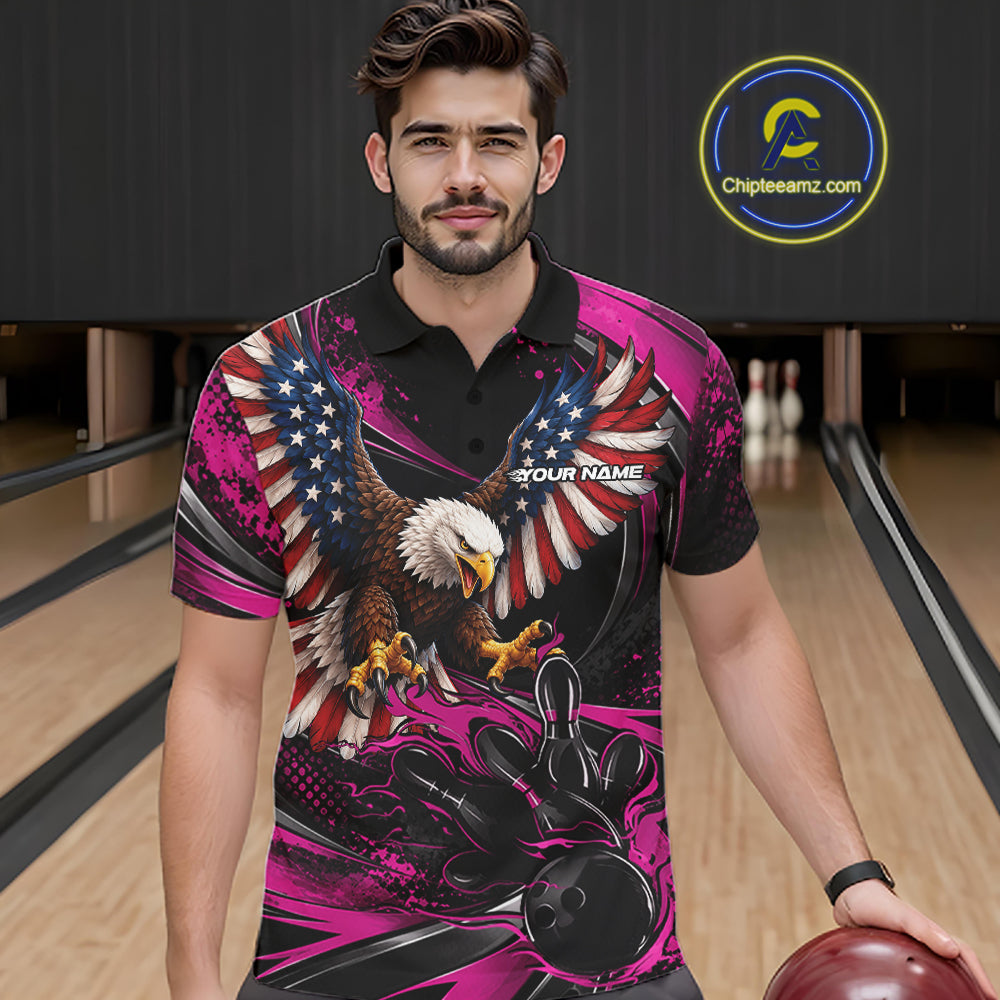 Custom Pink Flame American Flag Eagle Patriotic Bowling Men Polo Shirt, Team Uniform IPHW12351