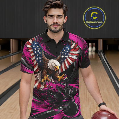 Custom Pink Flame American Flag Eagle Patriotic Bowling Men Polo Shirt, Team Uniform IPHW12351