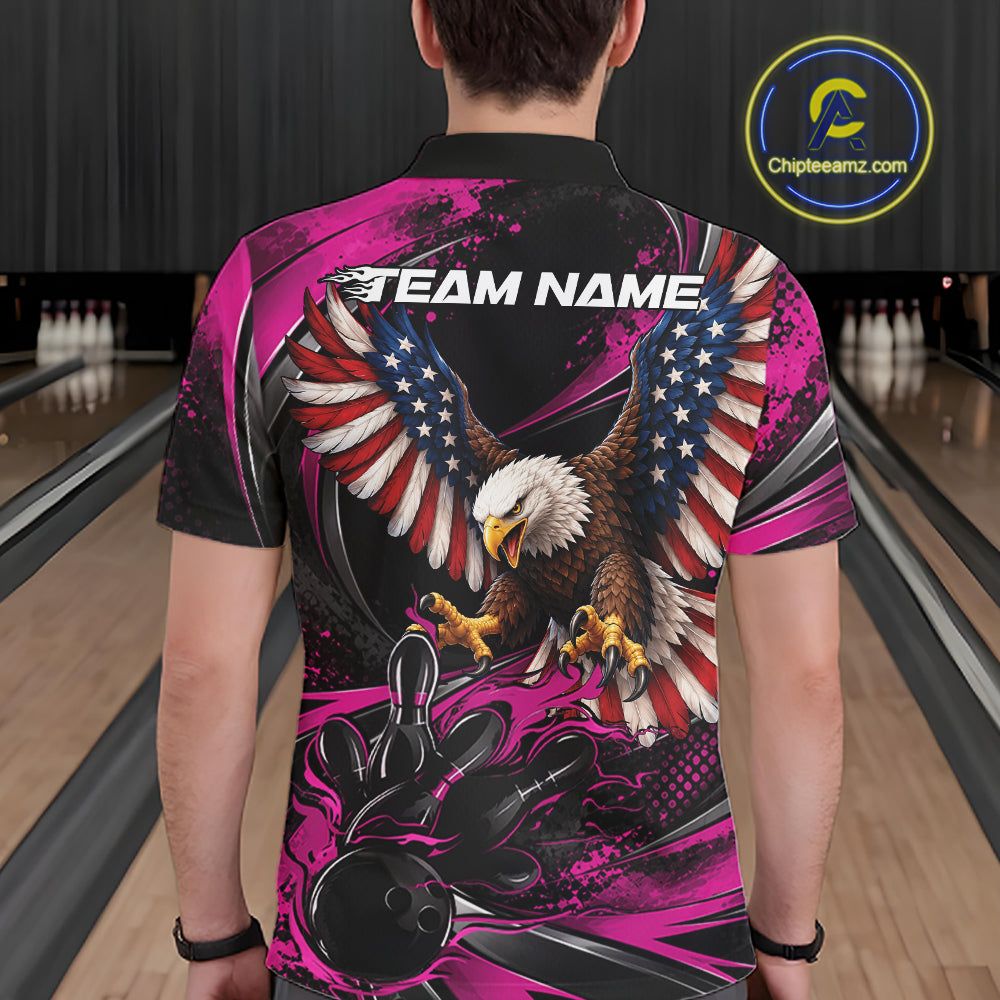 Custom Pink Flame American Flag Eagle Patriotic Bowling Men Polo Shirt, Team Uniform IPHW12351