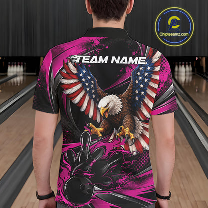 Custom Pink Flame American Flag Eagle Patriotic Bowling Men Polo Shirt, Team Uniform IPHW12351