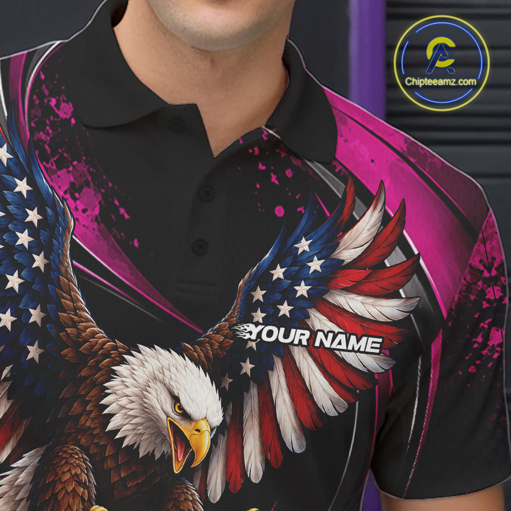 Custom Pink Flame American Flag Eagle Patriotic Bowling Men Polo Shirt, Team Uniform IPHW12351