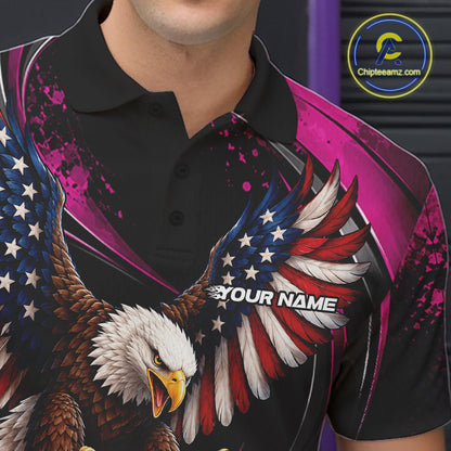 Custom Pink Flame American Flag Eagle Patriotic Bowling Men Polo Shirt, Team Uniform IPHW12351