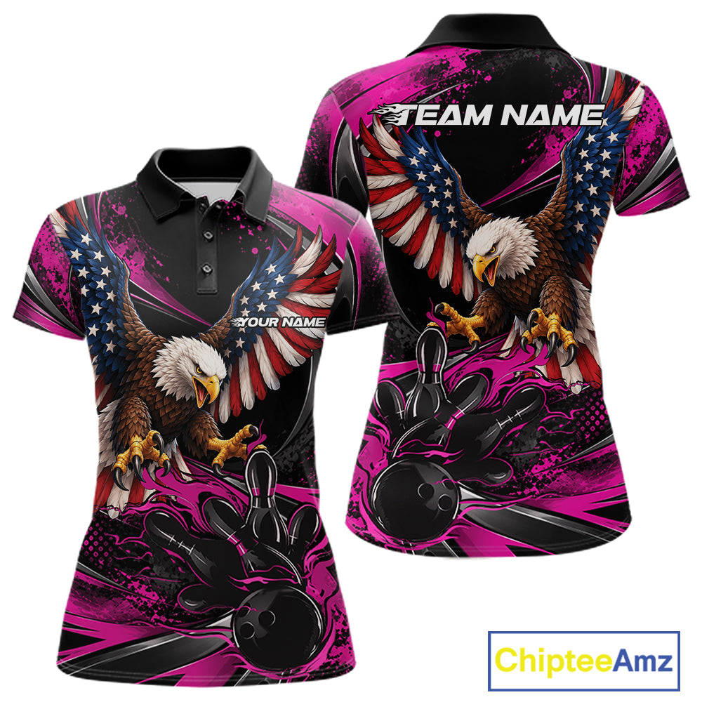Custom Pink Flame American Flag Eagle Patriotic Bowling Women Polo Shirt, Team Uniform IPHW12351