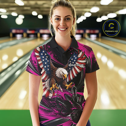 Custom Pink Flame American Flag Eagle Patriotic Bowling Women Polo Shirt, Team Uniform IPHW12351