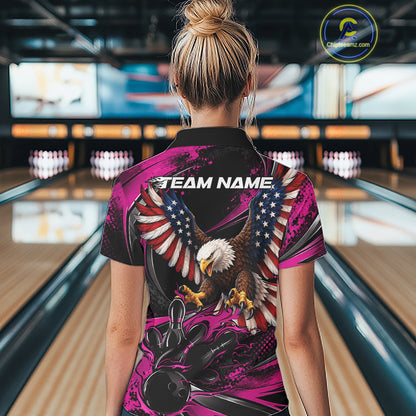 Custom Pink Flame American Flag Eagle Patriotic Bowling Women Polo Shirt, Team Uniform IPHW12351
