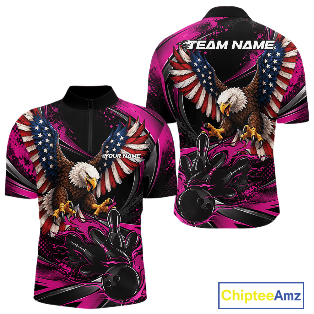 Custom Pink Flame American Flag Eagle Patriotic Bowling Men Quarter Zip Shirt, Team Uniform IPHW12351