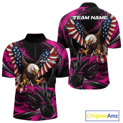 Custom Pink Flame American Flag Eagle Patriotic Bowling Men Quarter Zip Shirt, Team Uniform IPHW12351