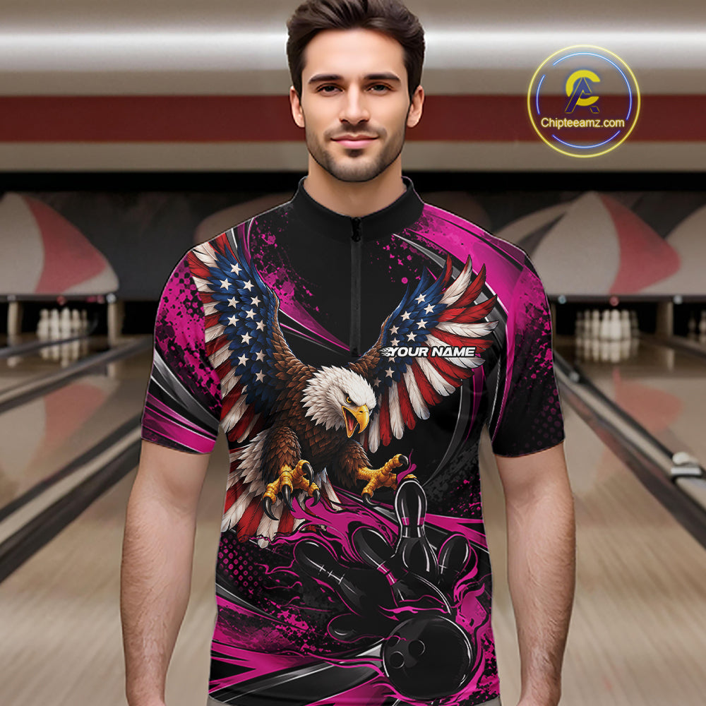 Custom Pink Flame American Flag Eagle Patriotic Bowling Men Quarter Zip Shirt, Team Uniform IPHW12351