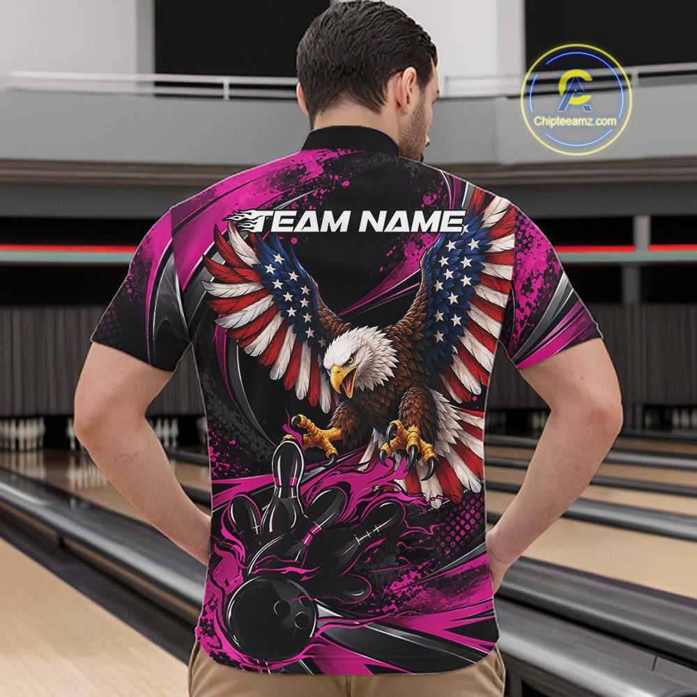 Custom Pink Flame American Flag Eagle Patriotic Bowling Men Quarter Zip Shirt, Team Uniform IPHW12351