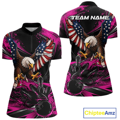 Custom Pink Flame American Flag Eagle Patriotic Bowling Women Quarter-Zip Shirt IPHW12351