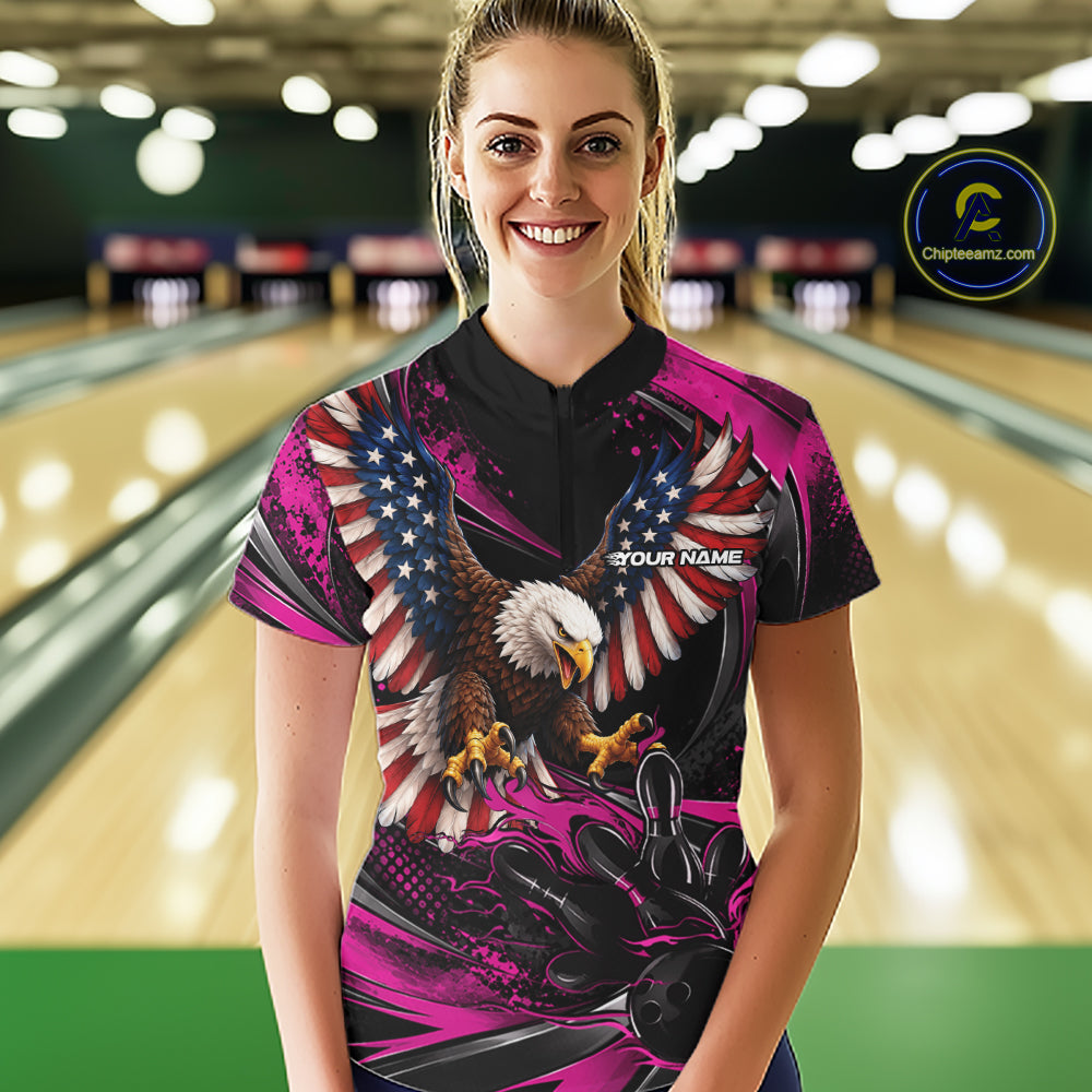 Custom Pink Flame American Flag Eagle Patriotic Bowling Women Quarter-Zip Shirt IPHW12351