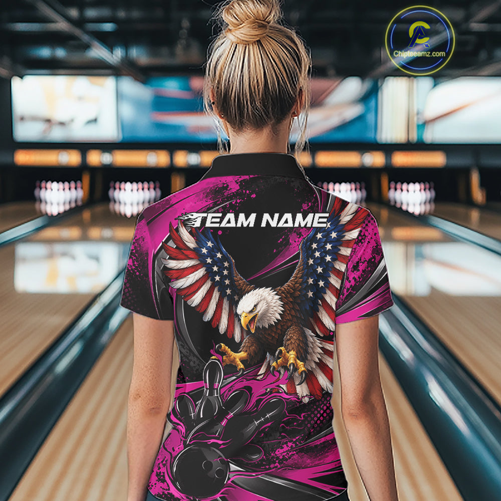 Custom Pink Flame American Flag Eagle Patriotic Bowling Women Quarter-Zip Shirt IPHW12351