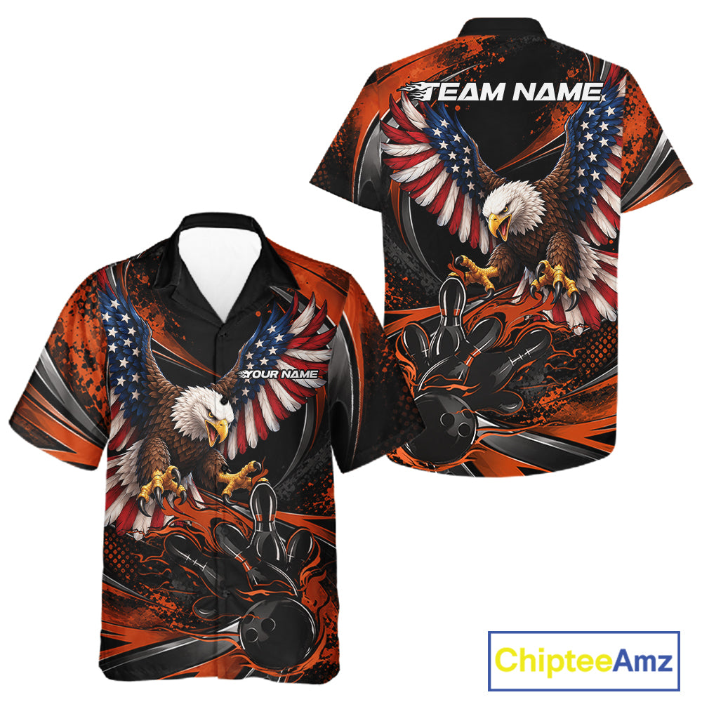 Custom Orange Flame American Flag Eagle Patriotic Bowling Men And Women Button Up Shirt, Team Uniform IPHW12352
