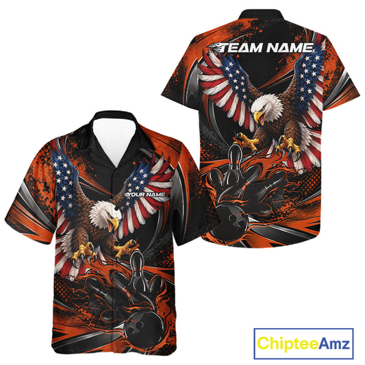 Custom Orange Flame American Flag Eagle Patriotic Bowling Men And Women Button Up Shirt, Team Uniform IPHW12352