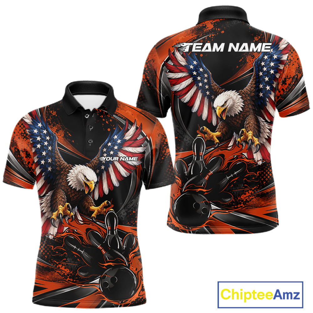 Custom Orange Flame American Flag Eagle Patriotic Bowling Men Polo Shirt, Team Uniform IPHW12352
