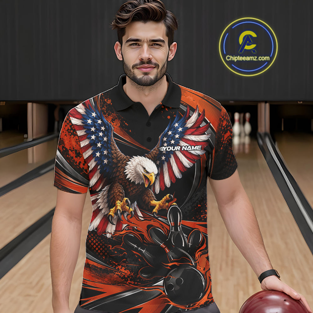 Custom Orange Flame American Flag Eagle Patriotic Bowling Men Polo Shirt, Team Uniform IPHW12352