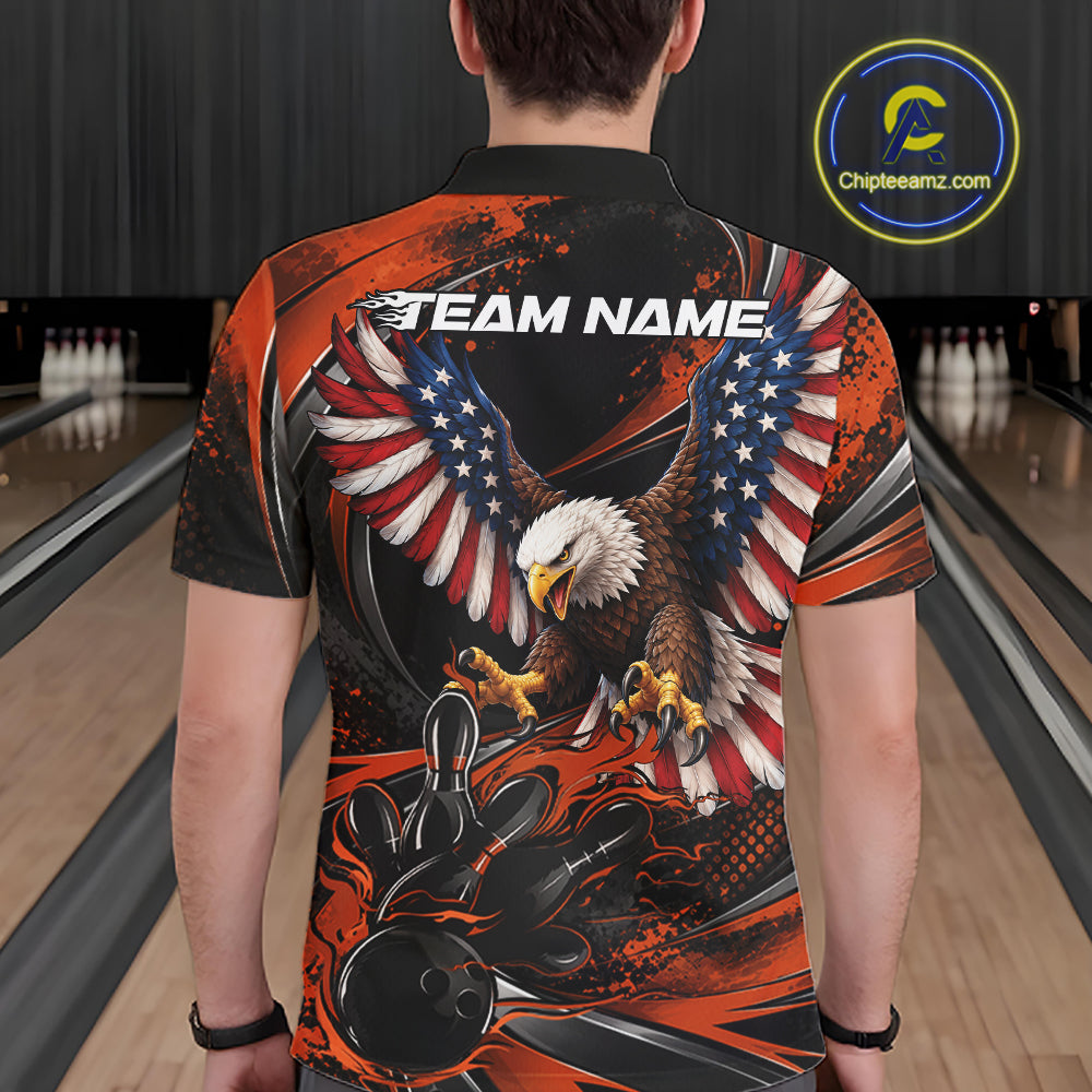 Custom Orange Flame American Flag Eagle Patriotic Bowling Men Polo Shirt, Team Uniform IPHW12352