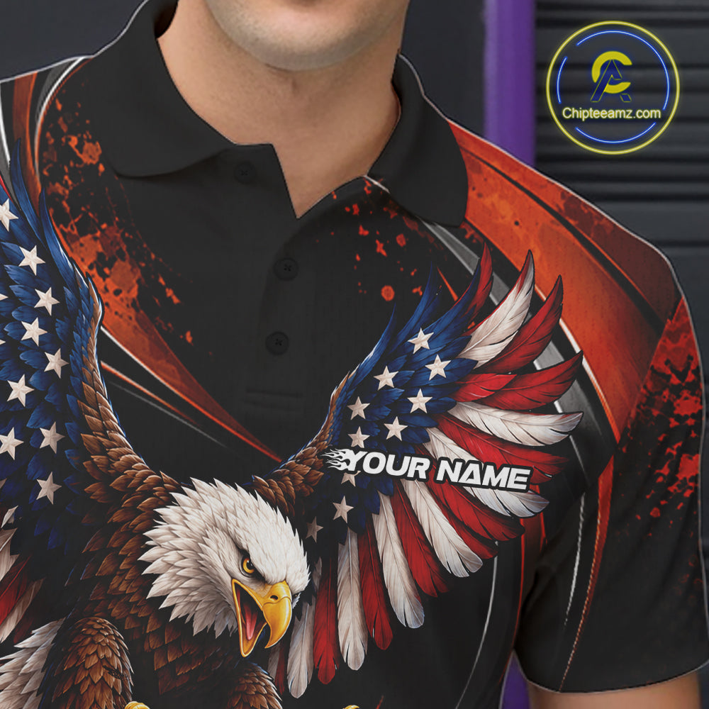 Custom Orange Flame American Flag Eagle Patriotic Bowling Men Polo Shirt, Team Uniform IPHW12352