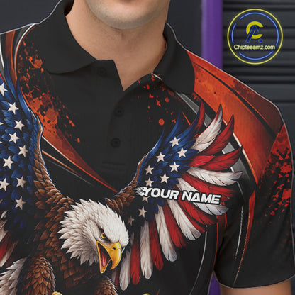 Custom Orange Flame American Flag Eagle Patriotic Bowling Men Polo Shirt, Team Uniform IPHW12352