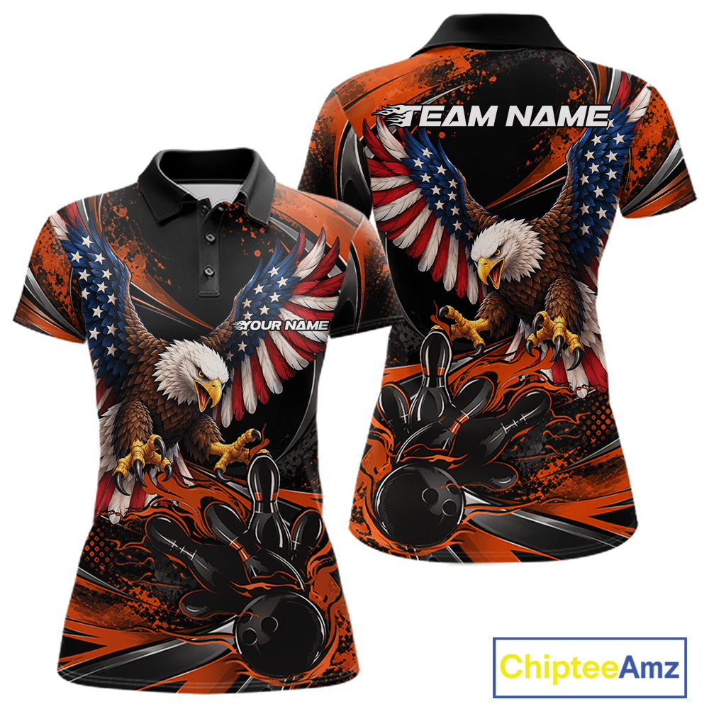 Custom Orange Flame American Flag Eagle Patriotic Bowling Women Polo Shirt, Team Uniform IPHW12352
