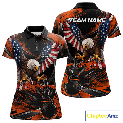 Custom Orange Flame American Flag Eagle Patriotic Bowling Women Polo Shirt, Team Uniform IPHW12352