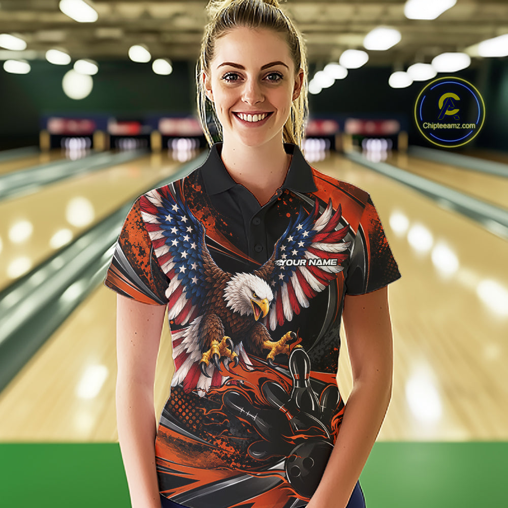 Custom Orange Flame American Flag Eagle Patriotic Bowling Women Polo Shirt, Team Uniform IPHW12352
