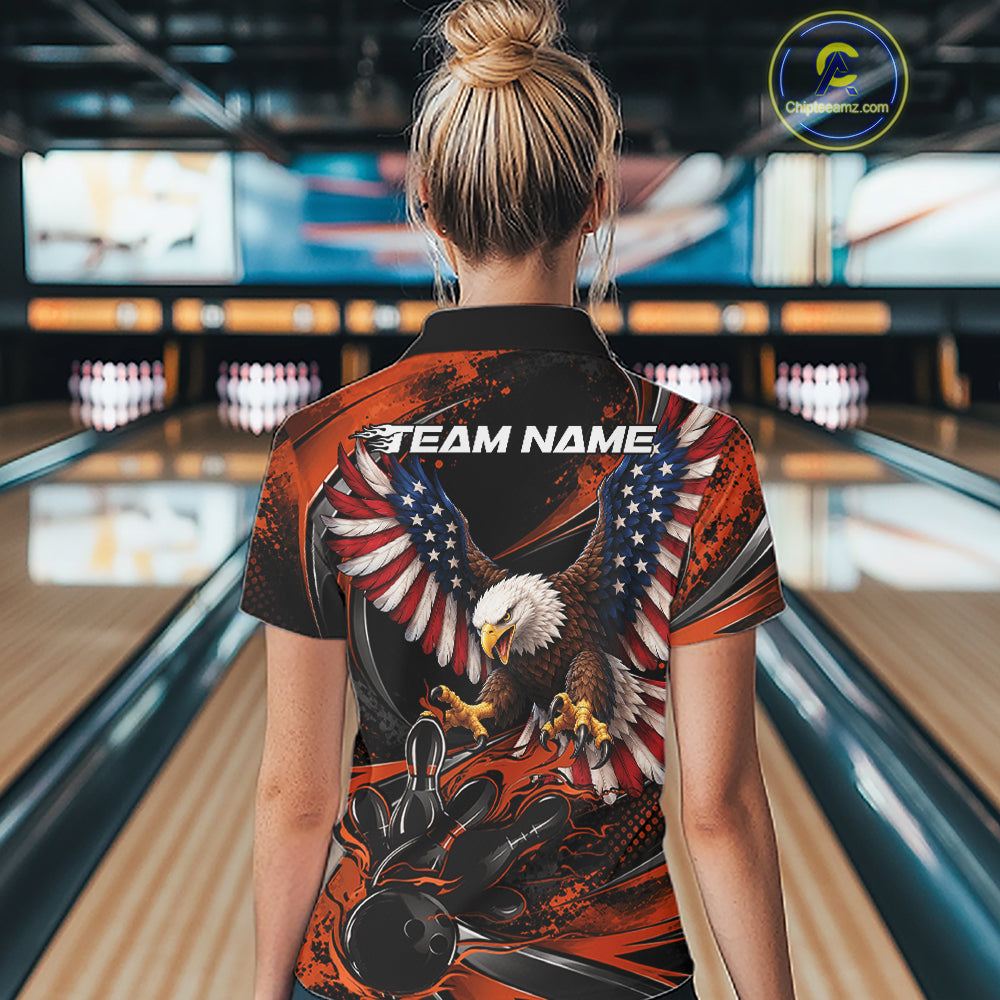 Custom Orange Flame American Flag Eagle Patriotic Bowling Women Polo Shirt, Team Uniform IPHW12352