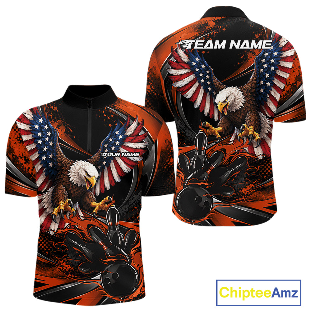 Custom Orange Flame American Flag Eagle Patriotic Bowling Men Quarter Zip Shirt, Team Uniform IPHW12352