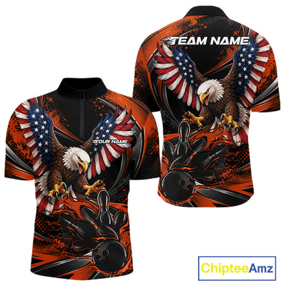 Custom Orange Flame American Flag Eagle Patriotic Bowling Men Quarter Zip Shirt, Team Uniform IPHW12352