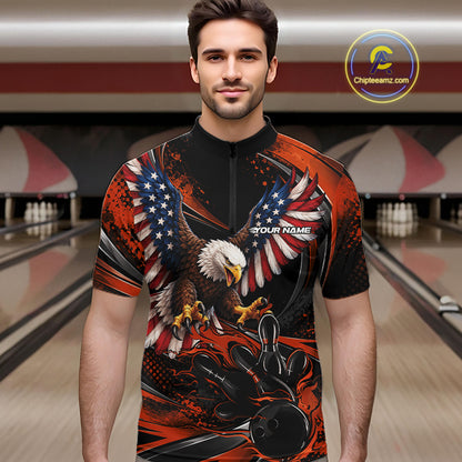 Custom Orange Flame American Flag Eagle Patriotic Bowling Men Quarter Zip Shirt, Team Uniform IPHW12352