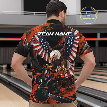 Custom Orange Flame American Flag Eagle Patriotic Bowling Men Quarter Zip Shirt, Team Uniform IPHW12352