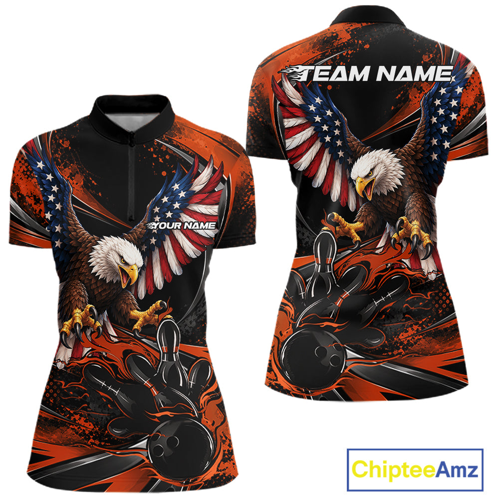 Custom Orange Flame American Flag Eagle Patriotic Bowling Women Quarter-Zip Shirt IPHW12352