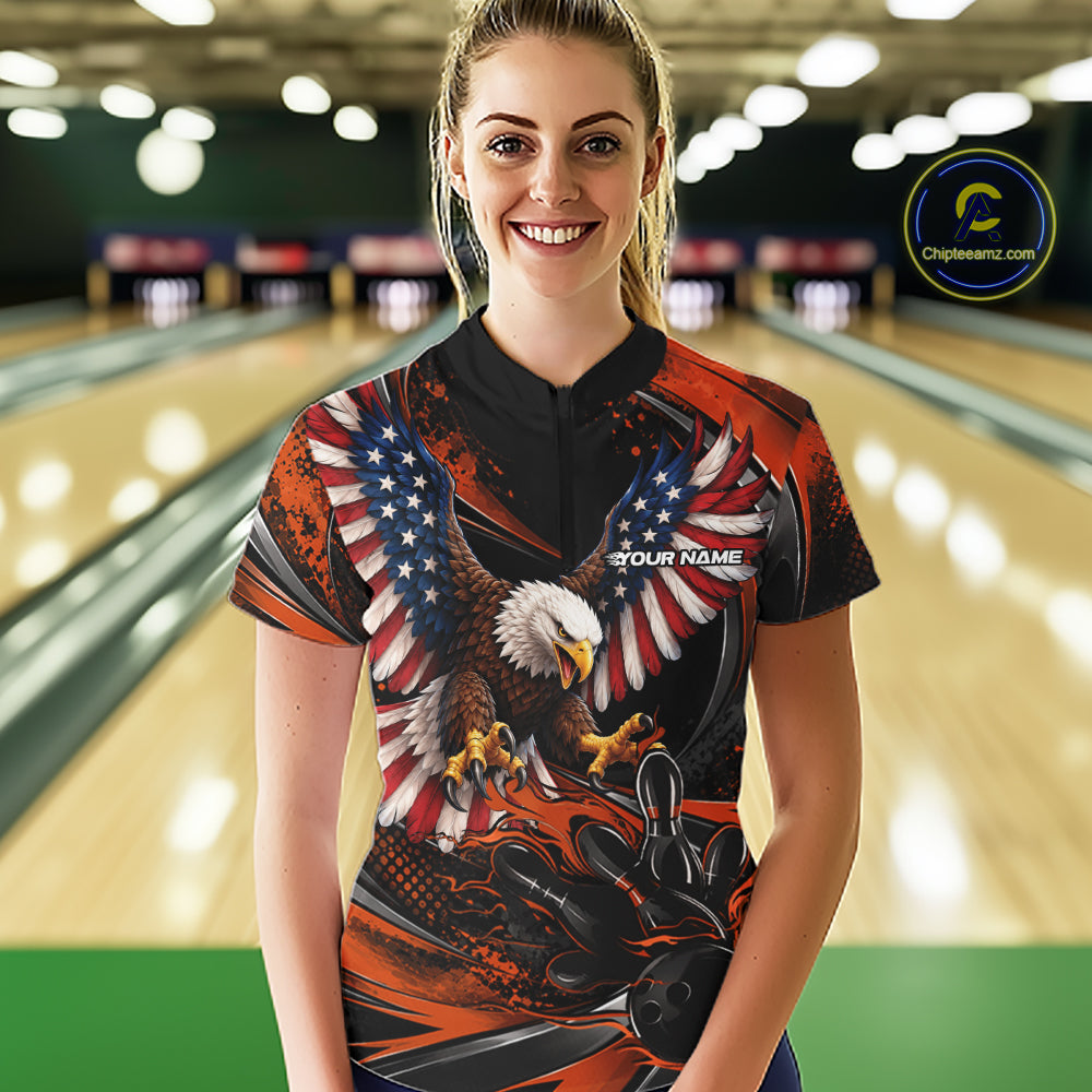 Custom Orange Flame American Flag Eagle Patriotic Bowling Women Quarter-Zip Shirt IPHW12352