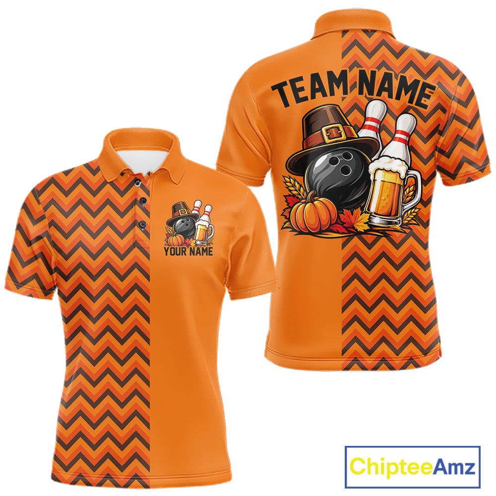 Custom Orange Thanksgiving Bowling Men Polo Shirt, Autumn Season Bowling Jersey IPHW12799