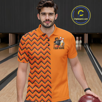 Custom Orange Thanksgiving Bowling Men Polo Shirt, Autumn Season Bowling Jersey IPHW12799