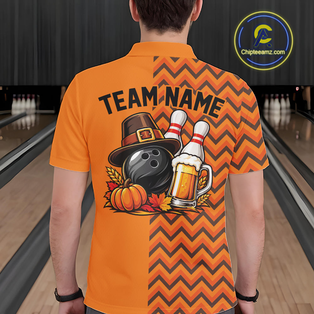 Custom Orange Thanksgiving Bowling Men Polo Shirt, Autumn Season Bowling Jersey IPHW12799