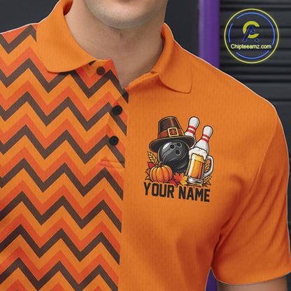 Custom Orange Thanksgiving Bowling Men Polo Shirt, Autumn Season Bowling Jersey IPHW12799