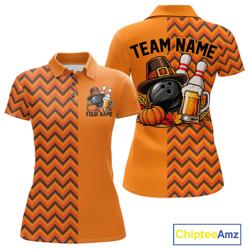 Custom Orange Thanksgiving Bowling Women Polo Shirt, Autumn Season Bowling Jersey IPHW12799