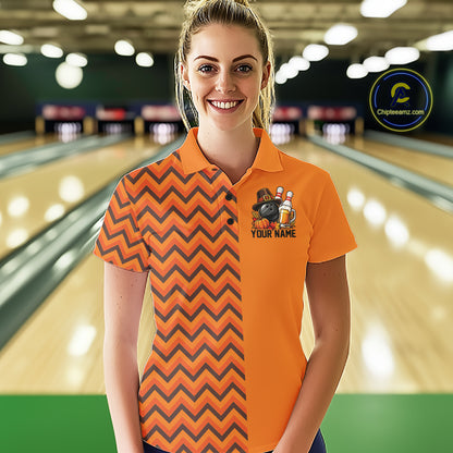 Custom Orange Thanksgiving Bowling Women Polo Shirt, Autumn Season Bowling Jersey IPHW12799