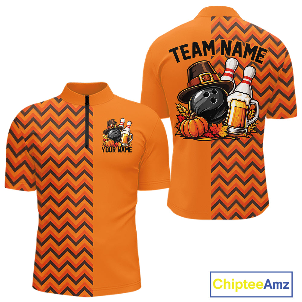 Custom Orange Thanksgiving Bowling Men Quarter Zip Shirt, Autumn Season Bowling Jersey IPHW12799