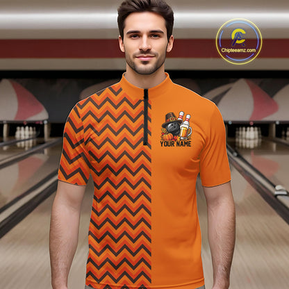 Custom Orange Thanksgiving Bowling Men Quarter Zip Shirt, Autumn Season Bowling Jersey IPHW12799
