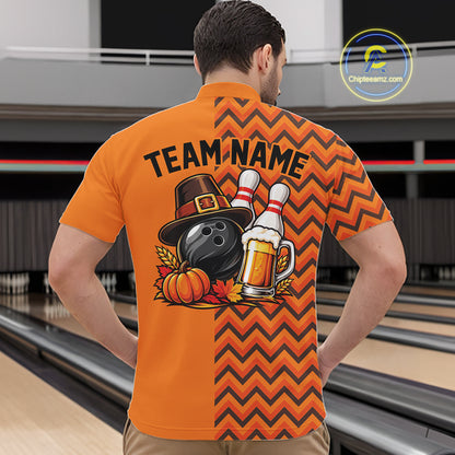 Custom Orange Thanksgiving Bowling Men Quarter Zip Shirt, Autumn Season Bowling Jersey IPHW12799