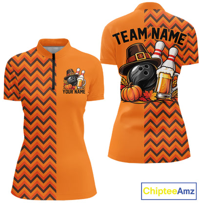 Custom Orange Thanksgiving Bowling Women Quarter-Zip Shirt, Autumn Season Bowling Jersey IPHW12799