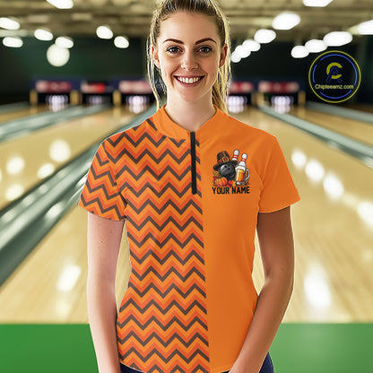 Custom Orange Thanksgiving Bowling Women Quarter-Zip Shirt, Autumn Season Bowling Jersey IPHW12799